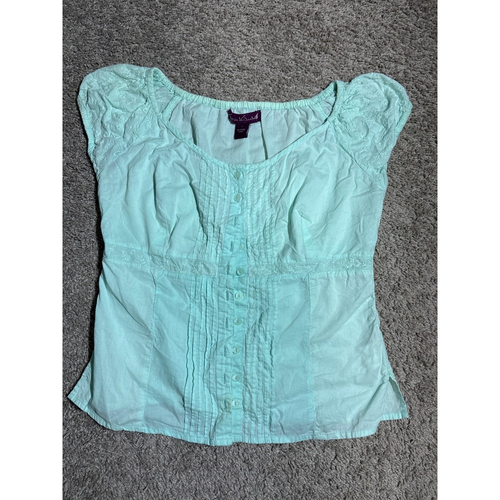 Y2K Gloria Vanderbilt Mint Green Cotton Eyelet Pintuck Button Front Blouse Small